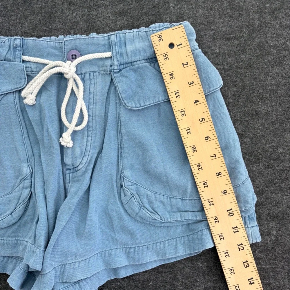 Free People Off Shore Blue Cotton Linen Blend Utility Cargo Shorts Womens Small